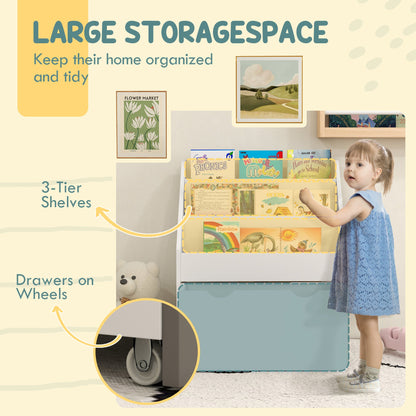 Kids Bookshelf with 3 Tier Display Shelves, Drawer for Nursery, Grey