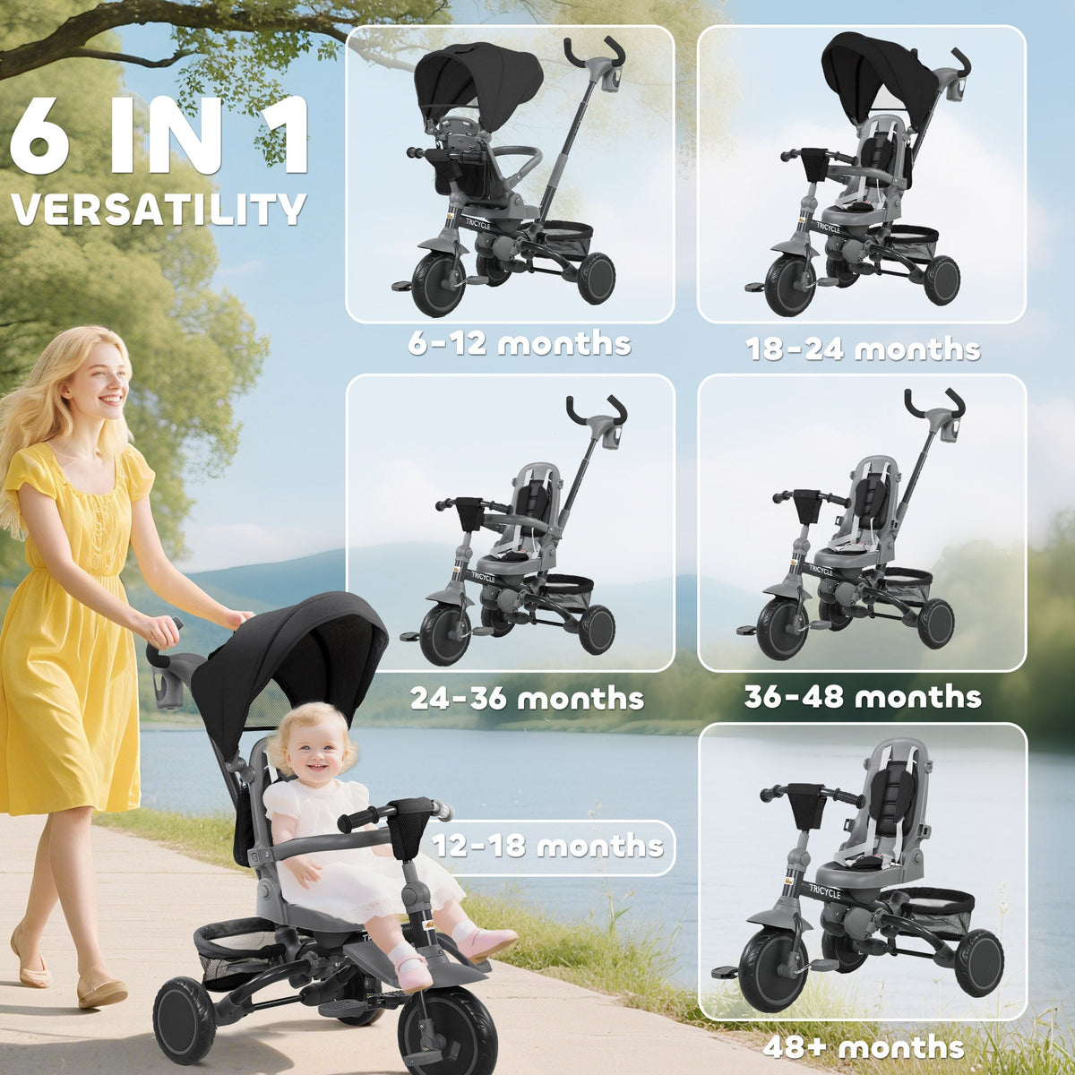 6 in 1 Toddler Tricycle for 1-5 Years Old with Push Handle, Removable Canopy, Rotatable Seat, Black
