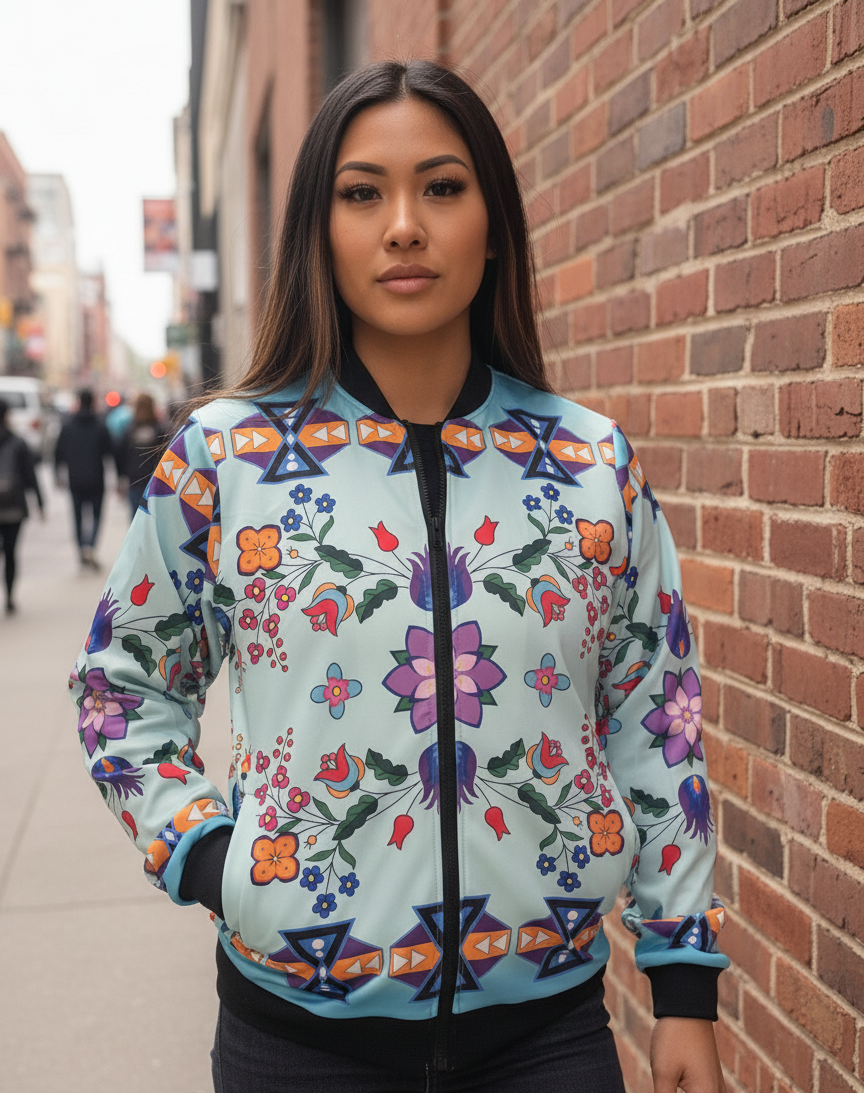 Light Turquoise Floral Sky Bomber Jacket
