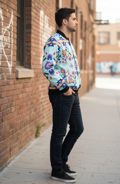 Light Turquoise Floral Sky Bomber Jacket