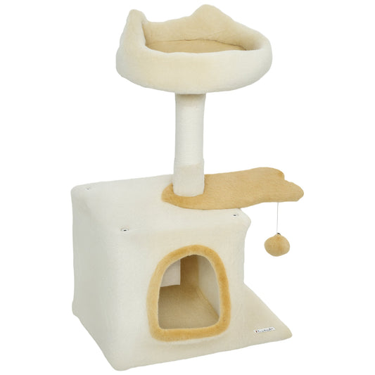 28" Cat Tree Tower with Plush Top Bed, Cozy Condo, Sisal Scratching Post, Perch, Dangling Ball, Beige and Yellow