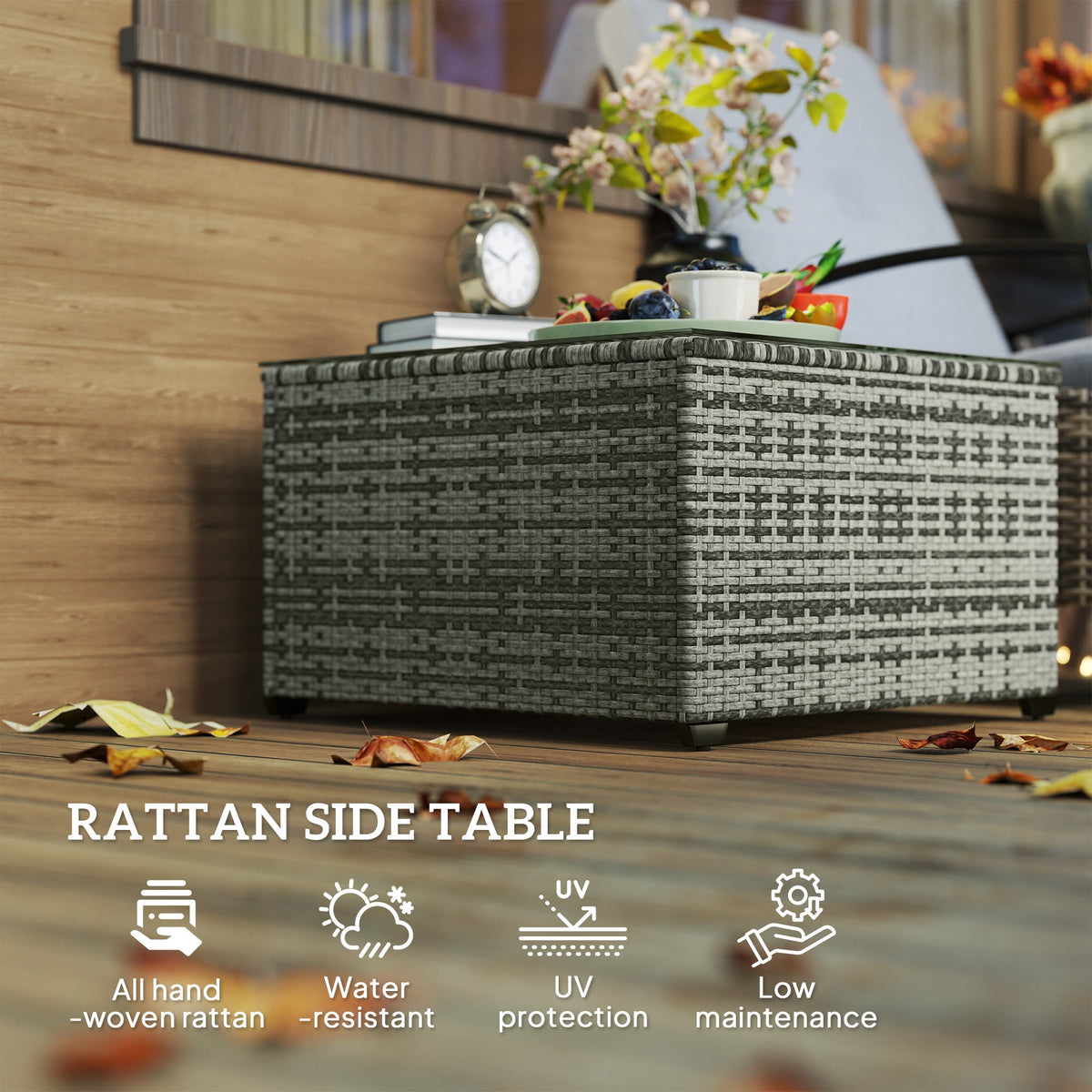 24.4" Patio Wicker Coffee Table, PE Rattan Outdoor Side Table with Tempered Glass Top, Black