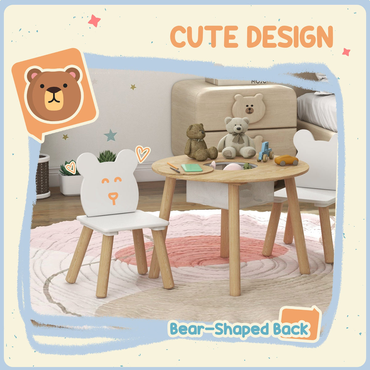 3 Pieces Kids Table and Chair Set, Activity Table and Chair Set with Bear-Shaped Chairs, Mesh Bag