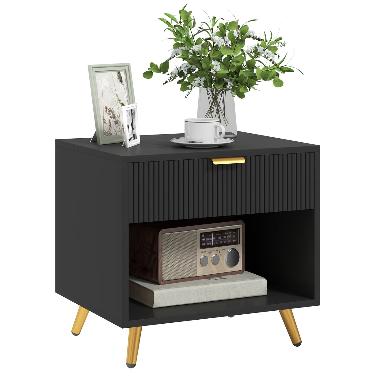 Nightstand with Fluted Panel, Bedside Table with Drawer and Open Compartment, Modern Night Table for Bedroom, Black