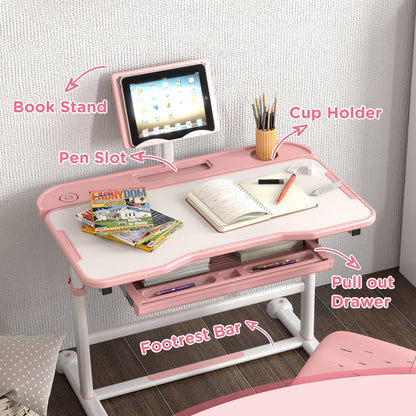 Height Adjustable Kids Desk and Chair Set with Tilt Desktop, Large Writing Board, Storage Drawer, Book Stand, Grey