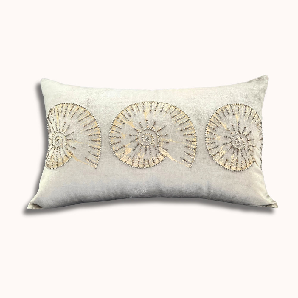 14x22" Velvet Lumbar Pillow – Golden Shell Embroidery, Silk Back, Designer Accent