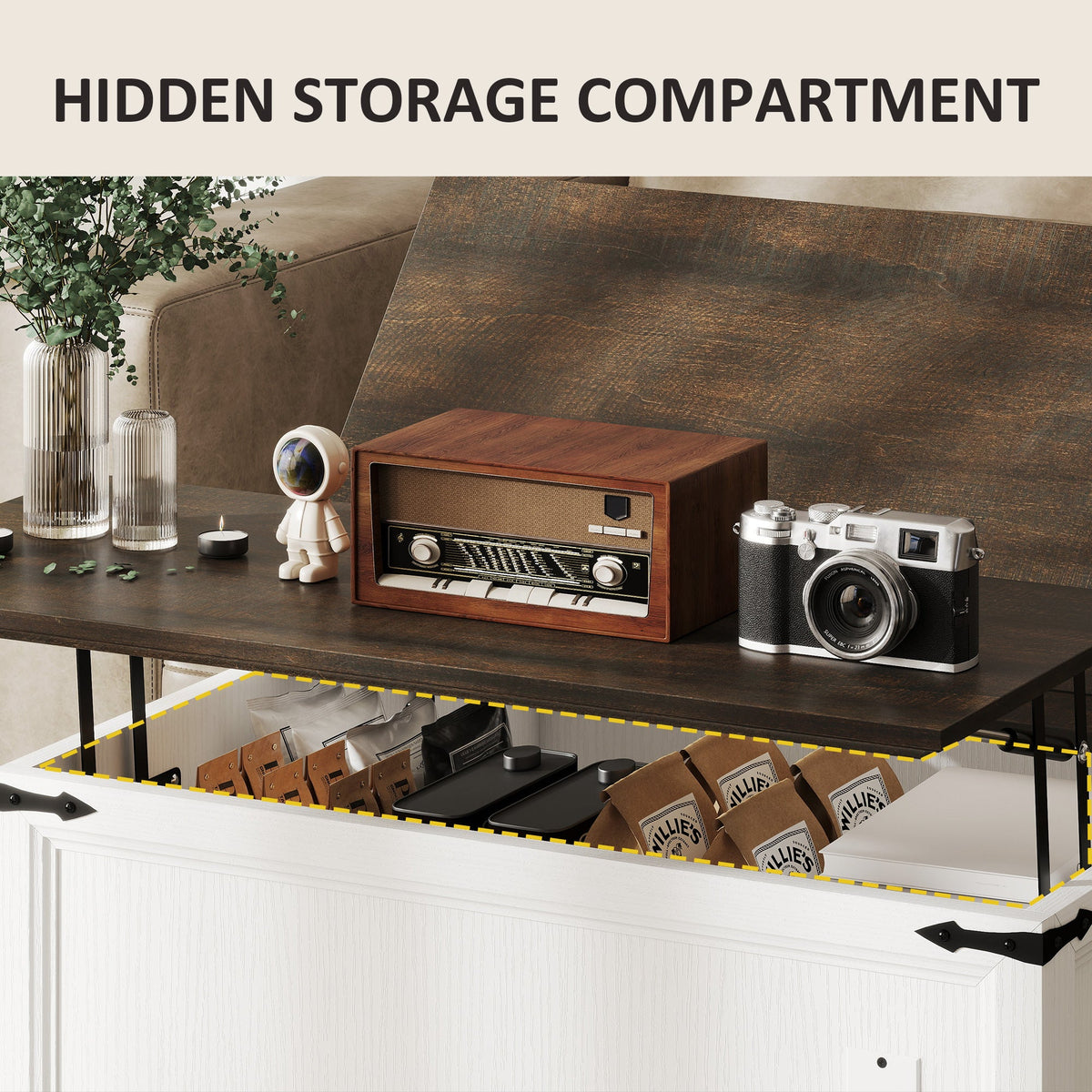 Lift Top Coffee Table with Charging Station, Square Farmhouse Center Table with Hidden Storage, Black Wood Grain