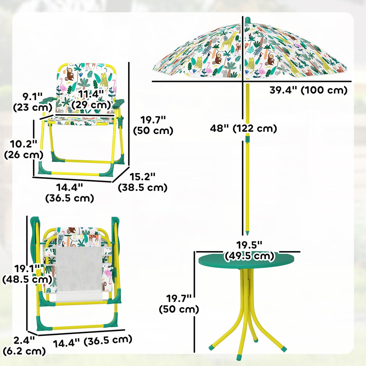 Kids Picnic Table, Kids Table and Chair Set with 2 Folding Chairs and Umbrella for Backyard, Garden, Patio, Green
