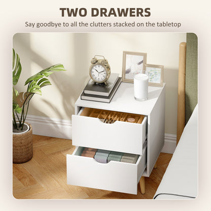 Modern Bedside Table, Nightstand with 2 Drawers and Pine Wood Legs for Bedroom, Living Room, White