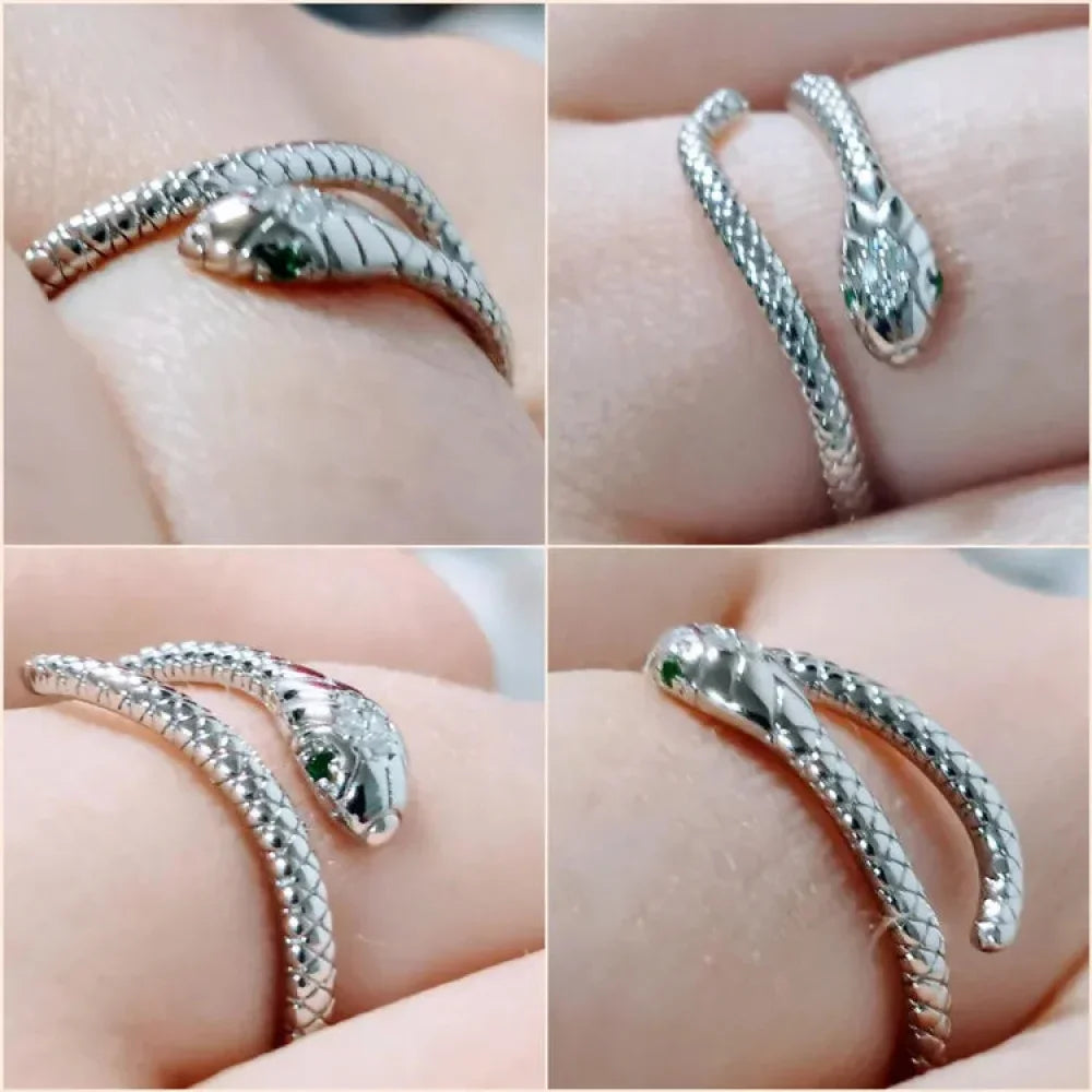 925 Sterling Silver Adjustable Snake Ring With Green Zircon - Fashion Jewelry In 4 Colors