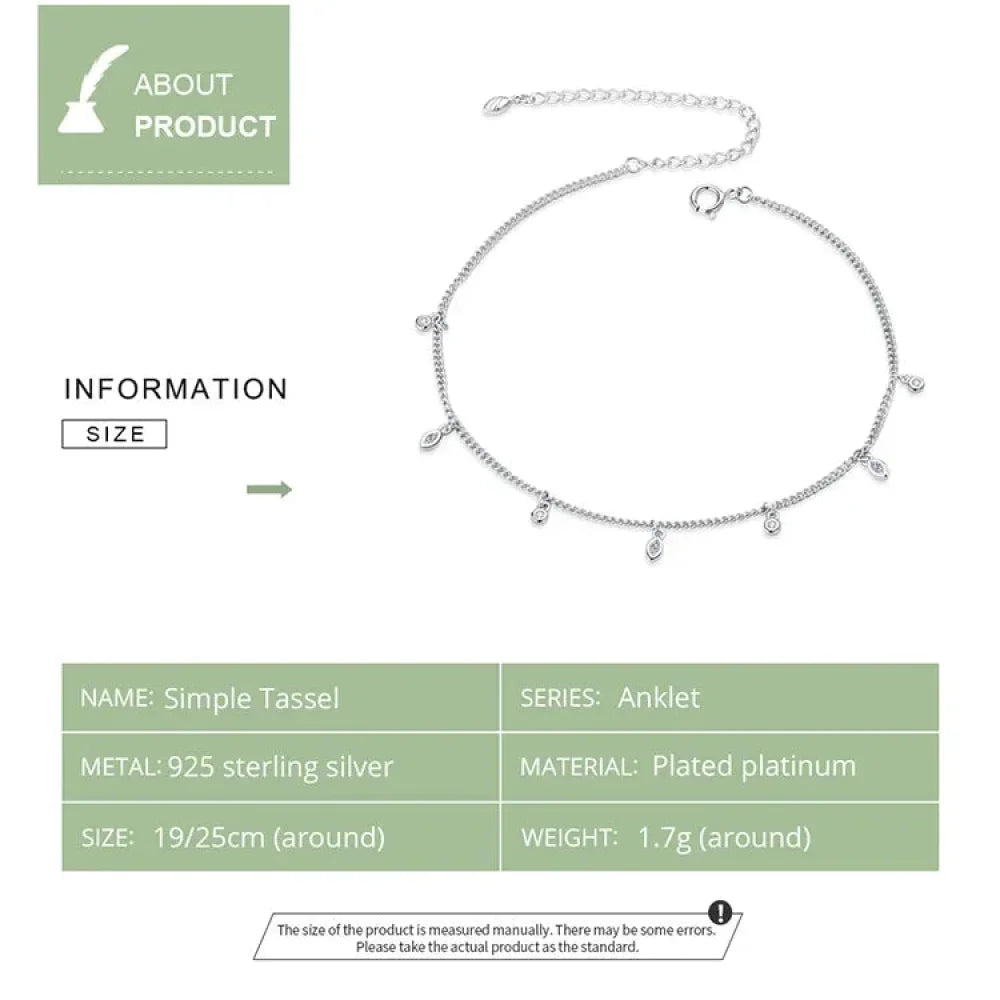 Authentic 925 Sterling Silver Minimalism Tassel Chain Anklet for Women