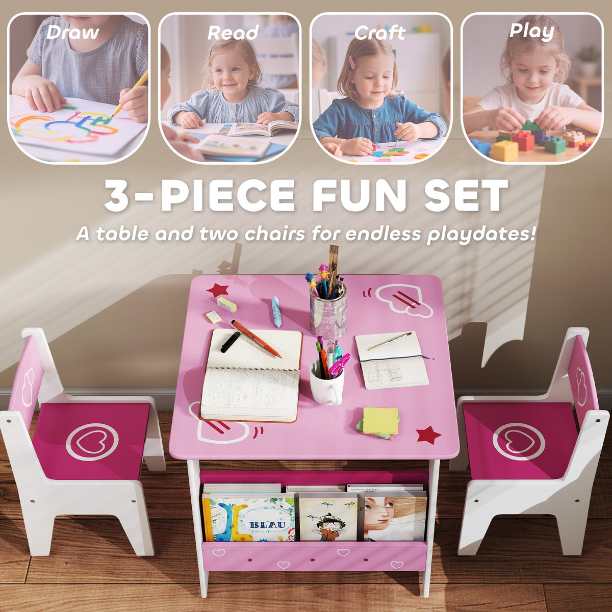 3 Pieces Kids Table and Chair Set with Bookshelves, for Classroom, Home, Nursery, Playroom, for Read, Draw, Art, Pink