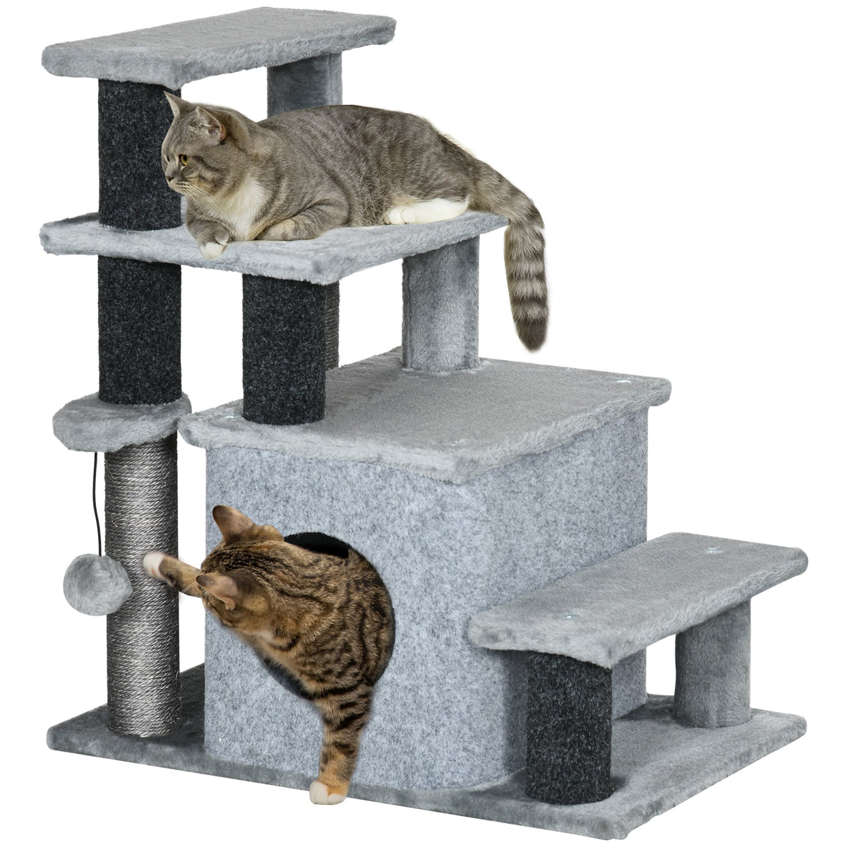 Cat Stairs Pet Steps for Couch Bed with Scratching Posts Condo Ball Toy, 23.6" x 15.7" x 26", Grey