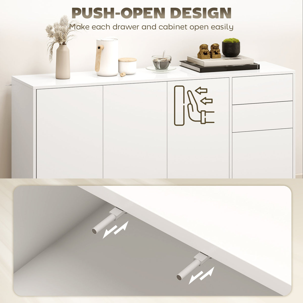 Kitchen Sideboard Storage Cabinet, Modern Coffee Bar with Push-Open Design and 2 Drawers for Living Room, White