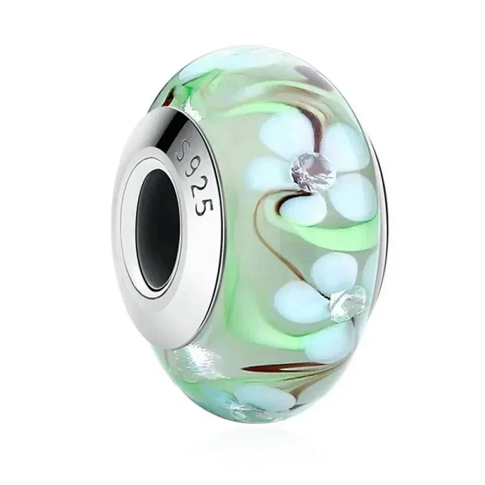 925 Sterling Silver Pink Flower Murano Glass Beads - Diy Bracelet Charms For A Festive Touch (Scz001)