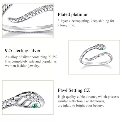 925 Sterling Silver Adjustable Snake Ring With Green Zircon - Fashion Jewelry In 4 Colors