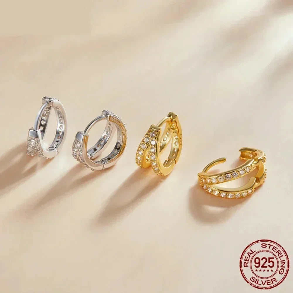 925 Sterling Silver Elegant Geometry Zircon Crystal Double Rings Ear Hoop Earrings