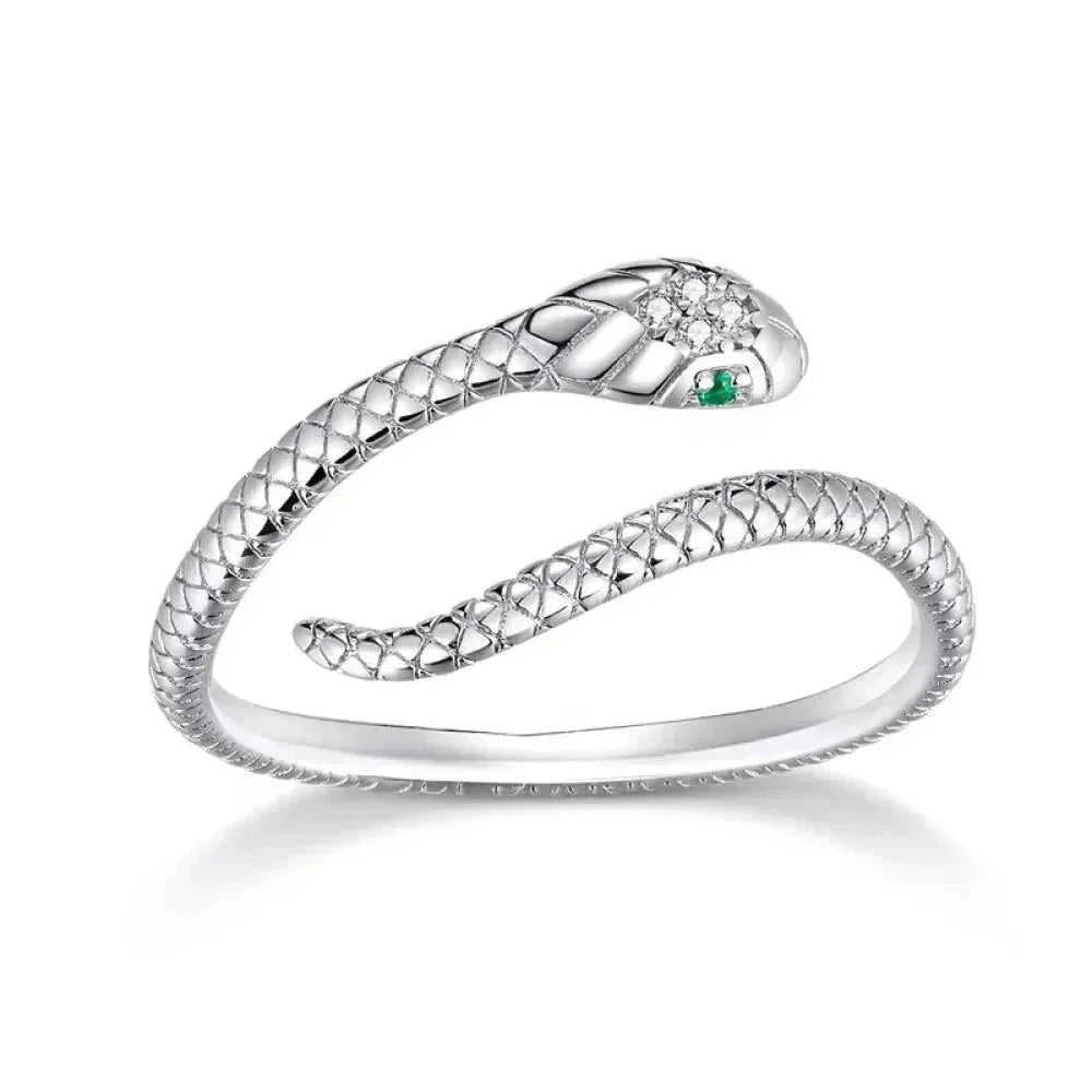 925 Sterling Silver Adjustable Snake Ring With Green Zircon - Fashion Jewelry In 4 Colors