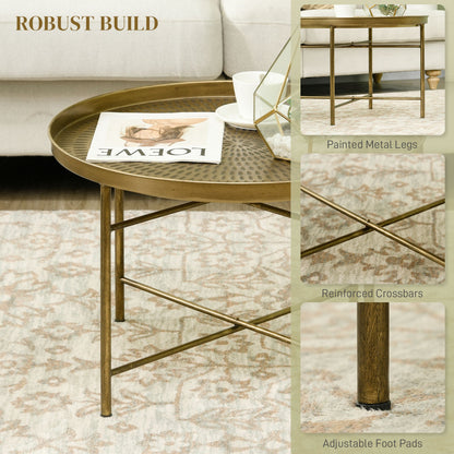 Dessie 24" Vintage Coffee Table with Hammered Tray Top and Metal Frame-Gold
