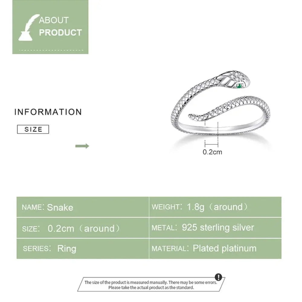 925 Sterling Silver Adjustable Snake Ring With Green Zircon - Fashion Jewelry In 4 Colors