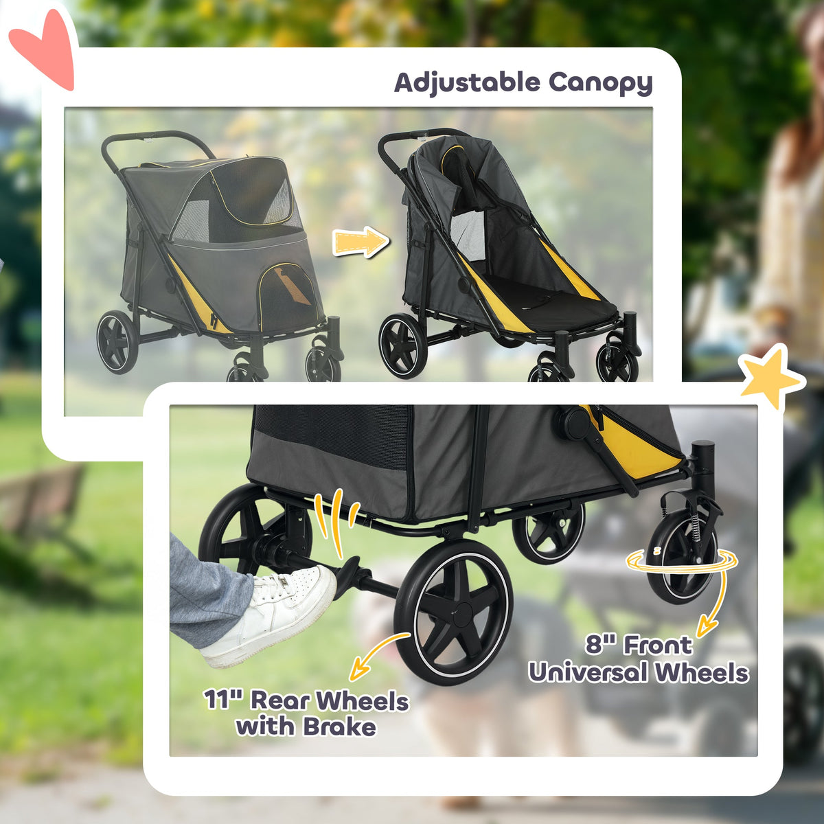 Foldable Pet Stroller with Universal Front Wheels, Shock Absorber, Dog Cat Carriage for Large & Medium Dogs, Black