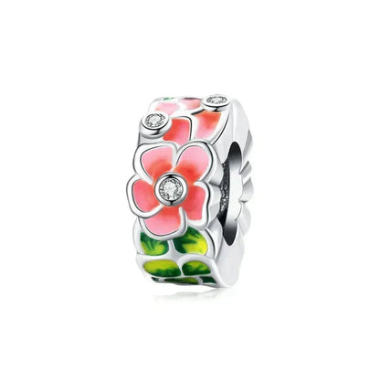 925 Sterling Silver Colorful Birds Flowers Leaves Cz Pendant - Jewelry Charm For Bracelets And Necklaces
