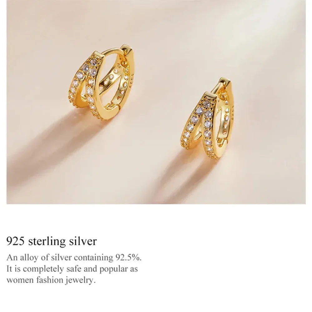 925 Sterling Silver Elegant Geometry Zircon Crystal Double Rings Ear Hoop Earrings