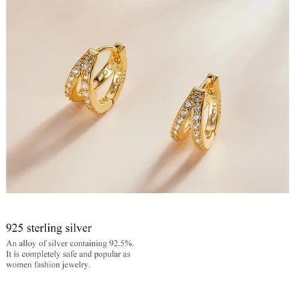 925 Sterling Silver Elegant Geometry Zircon Crystal Double Rings Ear Hoop Earrings