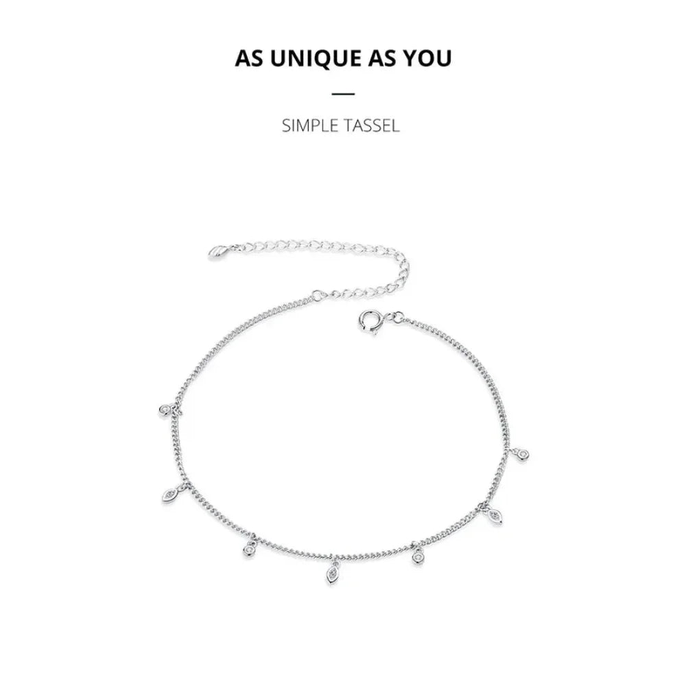 Authentic 925 Sterling Silver Minimalism Tassel Chain Anklet for Women
