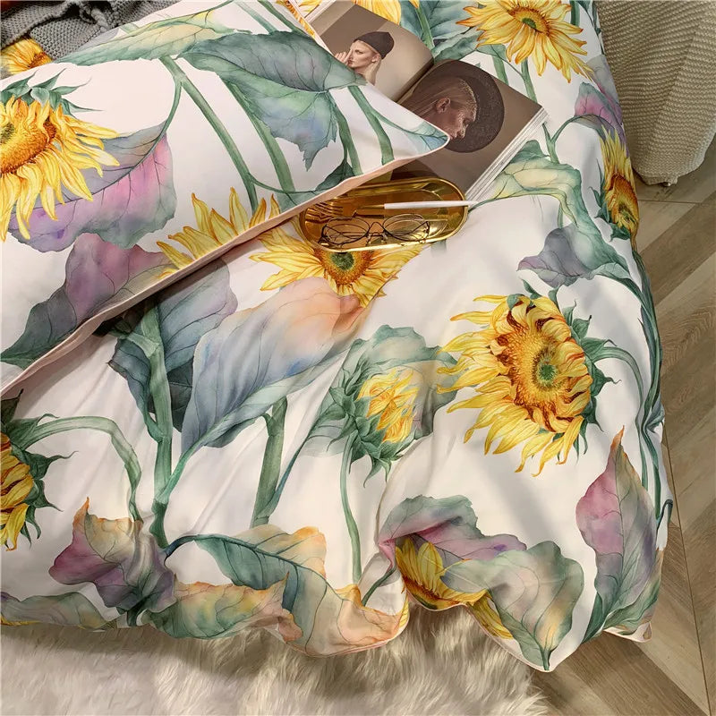 Eden 600 TC Sunflower Cotton Duvet Set - White/Yellow