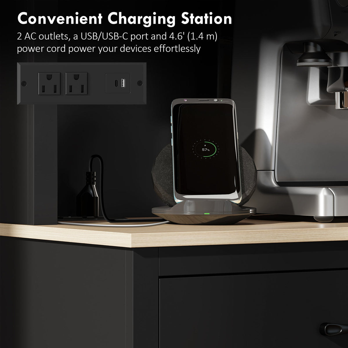 69" Kitchen Pantry Cabinet with Charging Station Kitchen Cabinet with Microwave Stand 7 Gallon Trash Can Cabinet Black