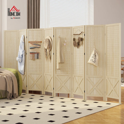 4.7' 3 Panel Wooden Room Divider with Pegboard Display, Folding Privacy Screen for Home Office, Natural