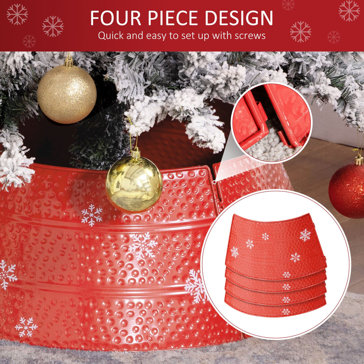 Christmas Tree Collar, 26" Metal Tree Ring Skirt, Home Xmas Decoration with Snowflake Engraving, Red