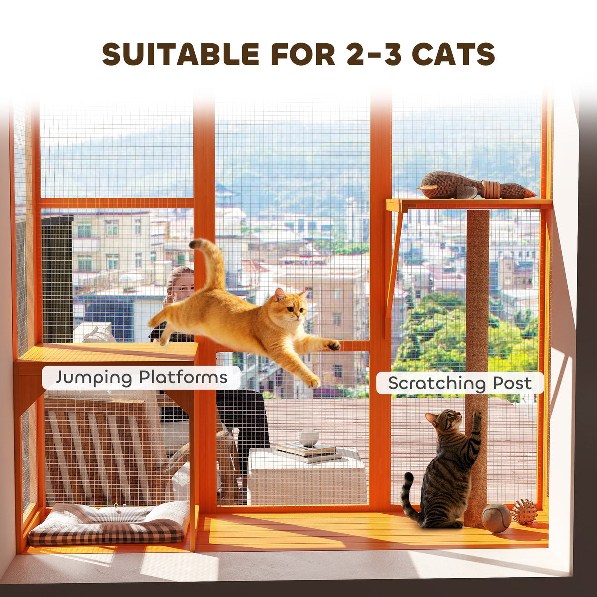 Wooden Catio Outdoor, Cat Window Box Enclosure for 2-3 Large Cats with 2 Jumping Platforms & Scratching Post, Grey