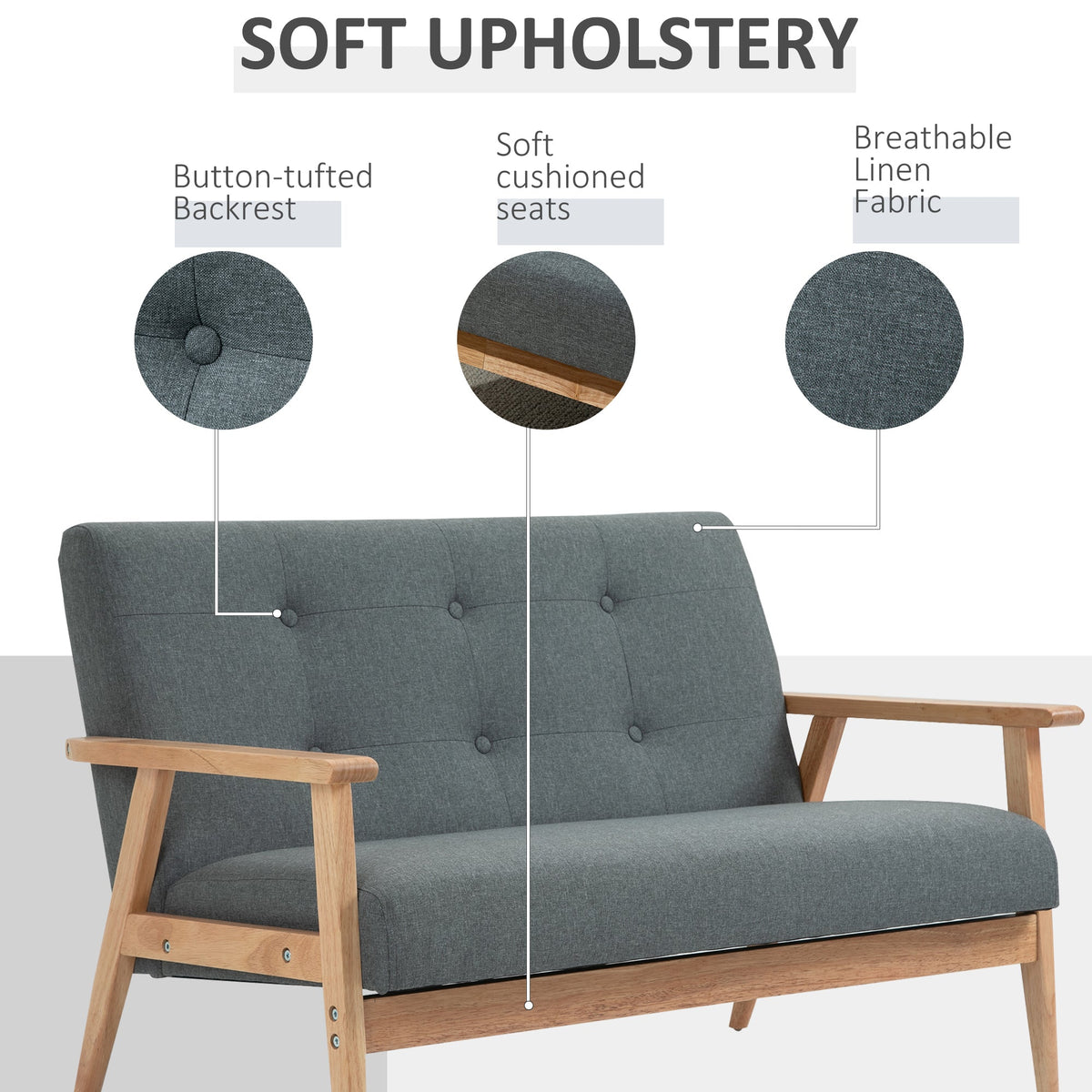 45" 2 Seat Sofa, Upholstered Two Seater Couch with Rubber Wood Legs for Bedroom, Living Room, Dark Grey