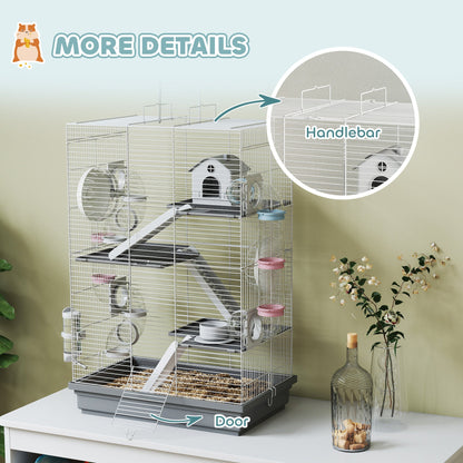 4-Level Large Hamster Cage with DIY Tubes, Water Bottle, Food Dish, Hut, Exercise Wheels, Grey