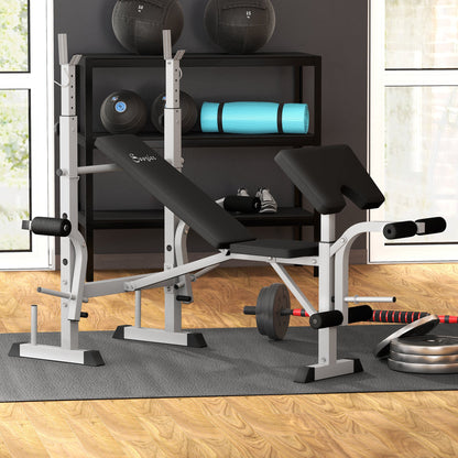 Bench Press Set Adjustable Weight Bench with Squat Rack, Preacher Curl Pad, Leg Developer and Weight Storage, White