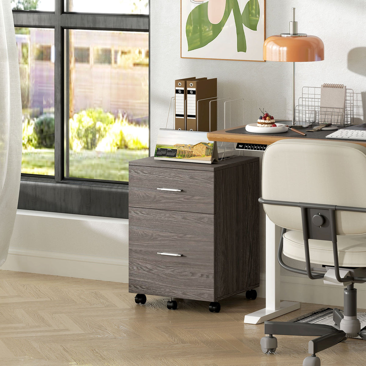 Mobile Filing Cabinet, Vertical File Cabinet with 2 Drawers, Wheels, for Letter or A4 File, Natural