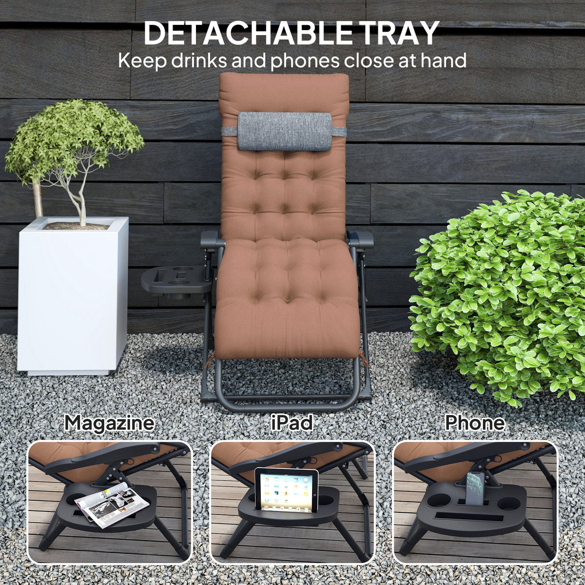 Padded Folding Recliner Chair, Patio Lounger with Cupholder, Adjustable Backrest, Removable Cushion, Black