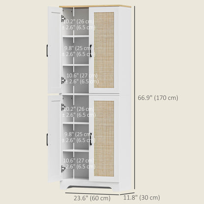 67" Tall Kitchen Pantry, Freestanding Kitchen Storage Cabinet with 4 Rattan Doors and Adjustable Shelves, Oak