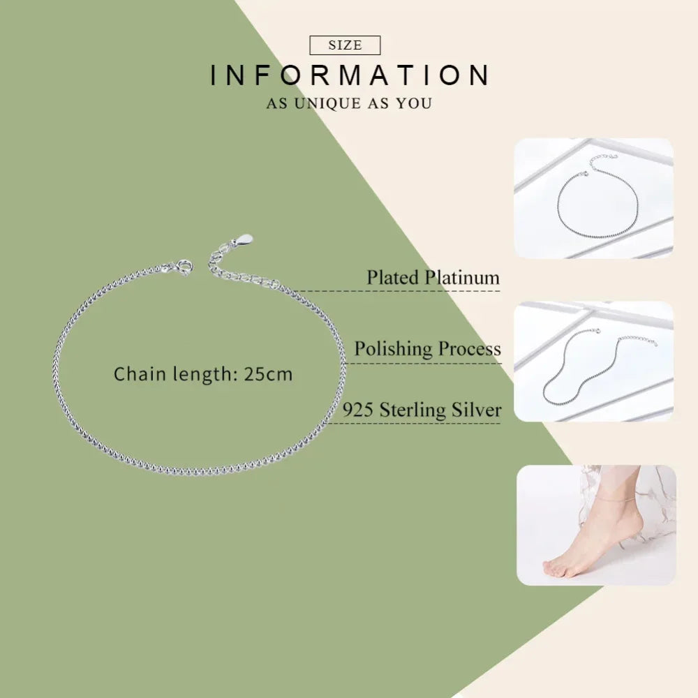 Simple Essential Bead Link Anklets - 925 Sterling Silver Bracelet For Foot Jewelry