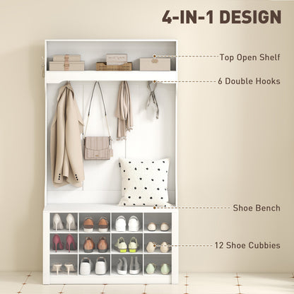 4-In-1 Hall Tree with Bench and Shoe Storage, Farmhouse Coat Rack Shoe Bench with 12 Shoe Cubbies, 6 Hooks, Dark Brown