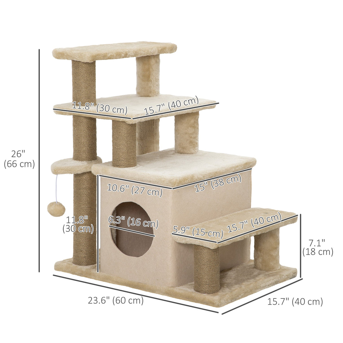 Cat Stairs Pet Steps for Couch Bed with Scratching Posts Condo Ball Toy, 23.6" x 15.7" x 26", Grey