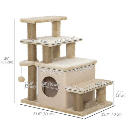 Cat Stairs Pet Steps for Couch Bed with Scratching Posts Condo Ball Toy, 23.6" x 15.7" x 26", Grey