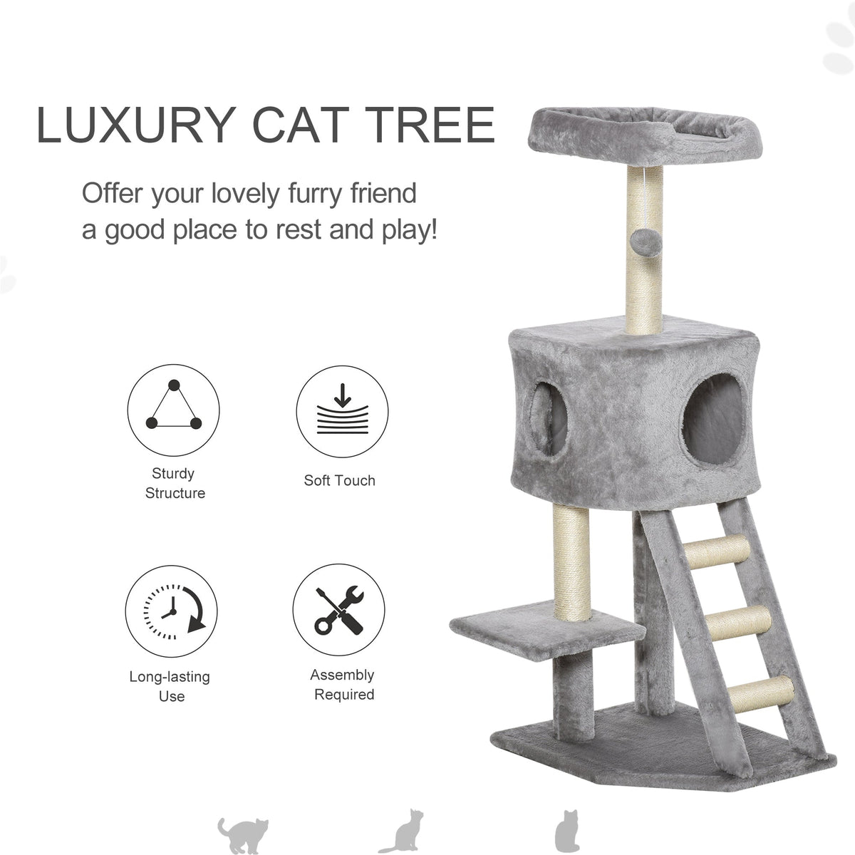 47" Tall Cat Tree Tower with Condo, Ladder, Scratching Posts and Hanging Ball, Light Grey