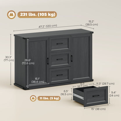 Sideboard with 3 Drawers and 2 Doors, 47" Buffet Cabinet with Adjustable Shelves for Kitchen, Black Wood Grain