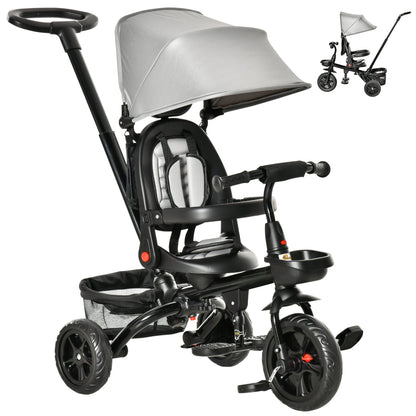 Tricycle for Toddler 5 in 1 Kids Trike, Foldable Converts Stroller to Toddler Bike, Adjustable Backrest & Curved Canopy, Detachable Guardrail & Handle for 1-5 Years Old, Black