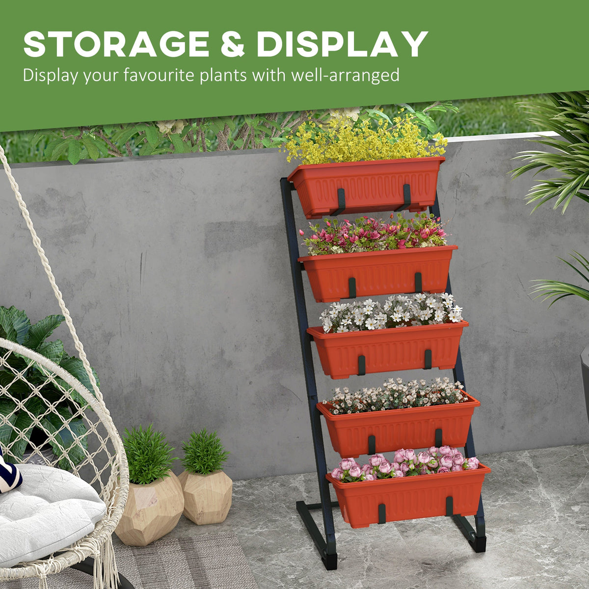 5-Tier Vertical Raised Garden Planter with 5 Boxes, Wheels, Outdoor Plant Stand for Vegetable Flowers, Brown