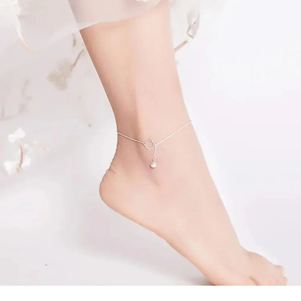 Elegant 925 Sterling Silver Bell And Cat Anklet For Women - Sct003