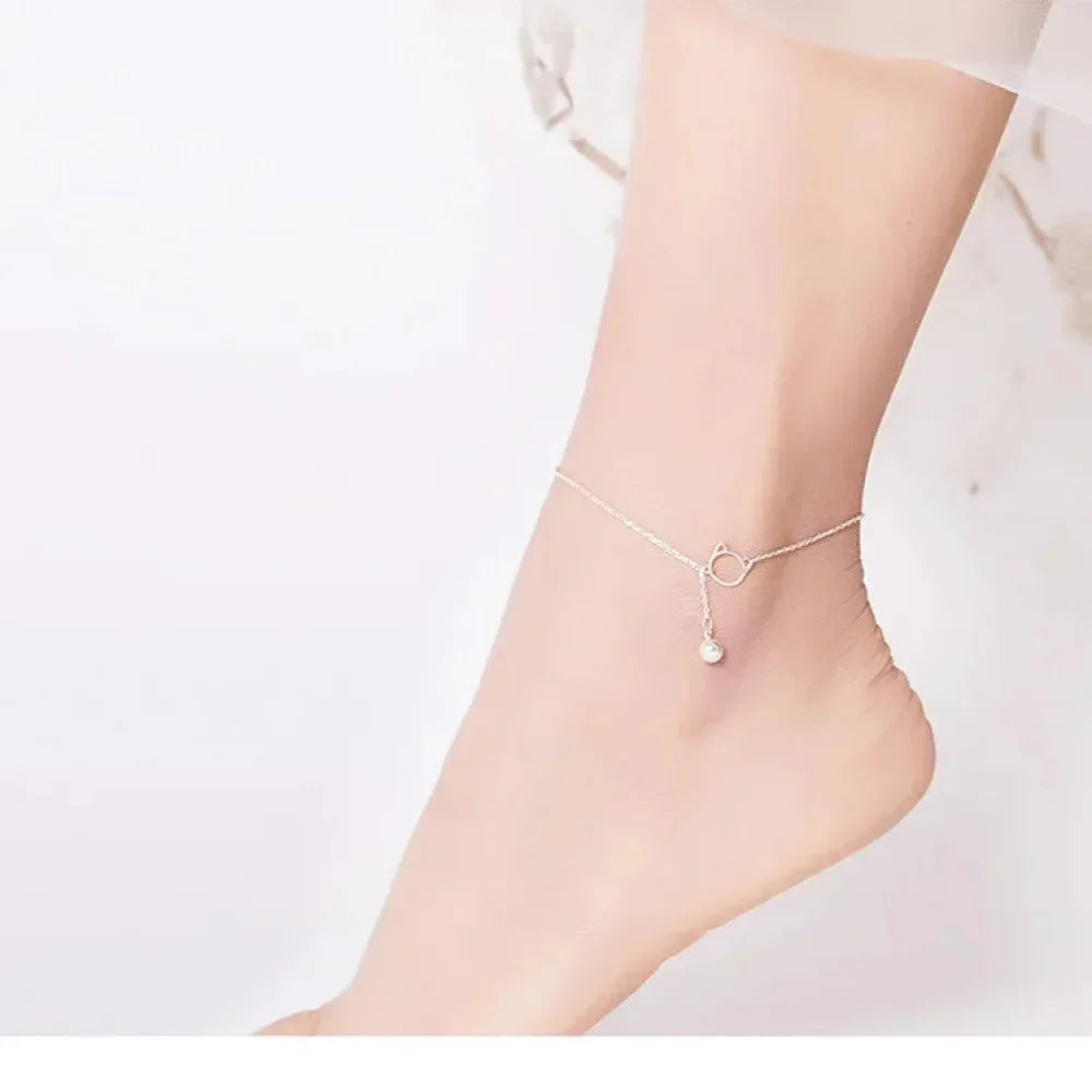 Elegant 925 Sterling Silver Bell And Cat Anklet For Women - Sct003